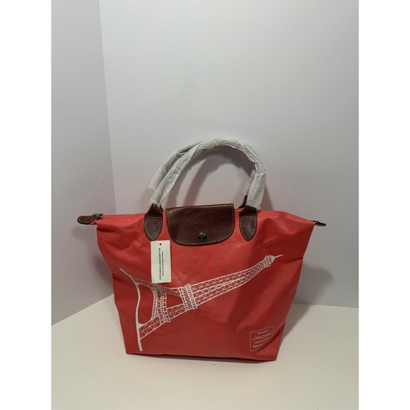 Longchamp Handbags - NWT Longchamp Coral orange red,brown Le Pliage Tote bag.Ltd Edition Eiffel Tower